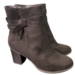 American Eagle Black Faux Suede Bow Ankle Boots Women 8 Block Heel Zip Booties